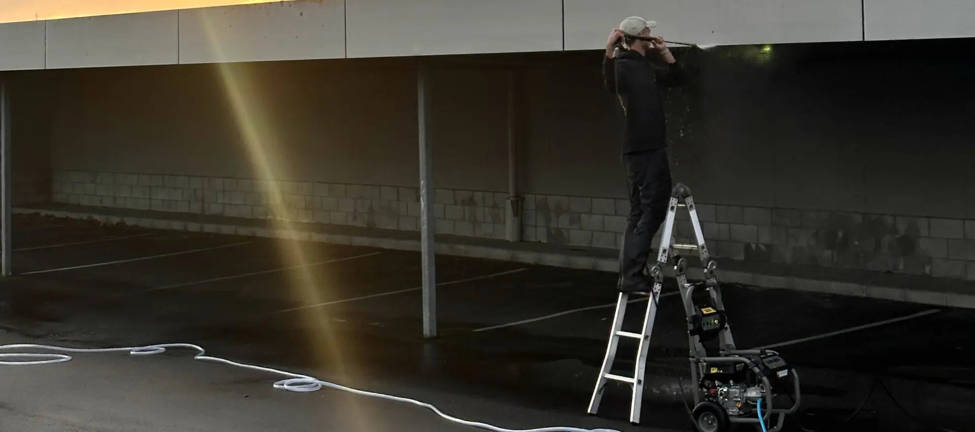 Technician on a ladder uses a pressure washer to remove dirt and grime from the underside of a metal carport roof overhang.